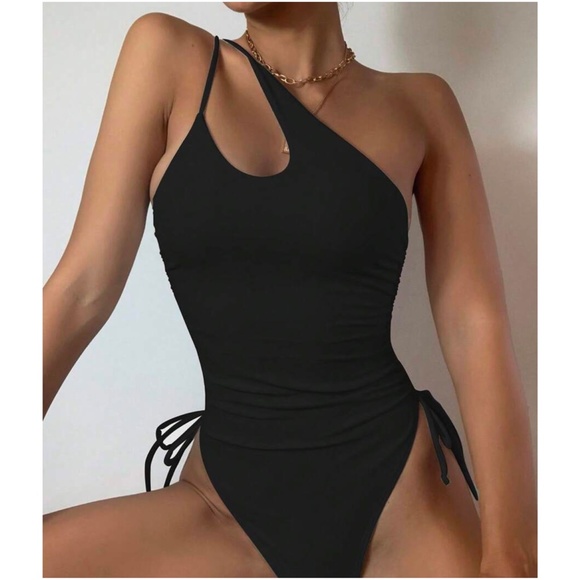 Red One Shoulder Tie Side Cheeky One Piece Monokini Swim - Picture 6 of 9